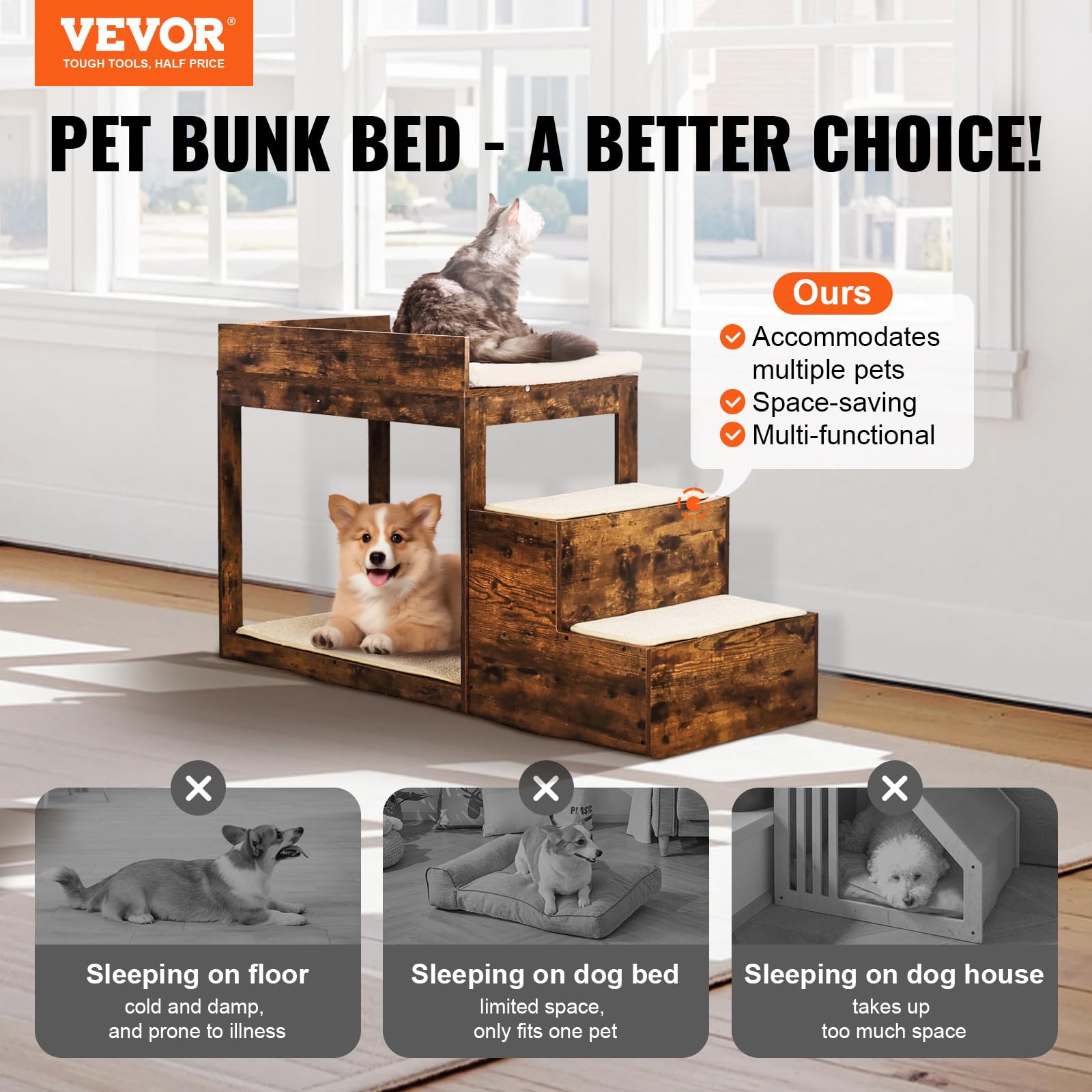 VEVOR Pet Bunk Bed with Stairs, Dog/Cat Window Perch for High Beds and Couches, Medium Multi-Level 3 Step Dog Seat Platform Slee